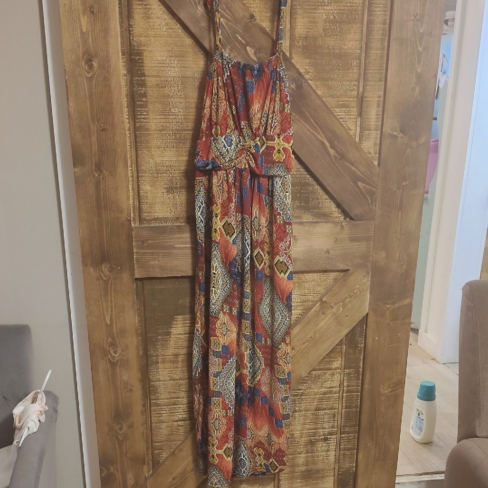 Boho Printed Maxi Dress in Rust and Navy